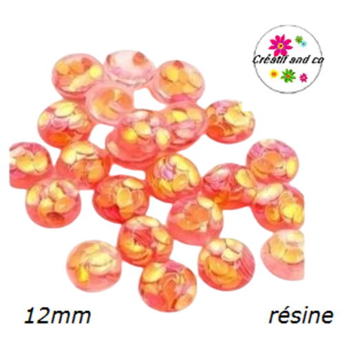 X2 cabochons translucides orangés avec inclusion grain de riz résine 12mm