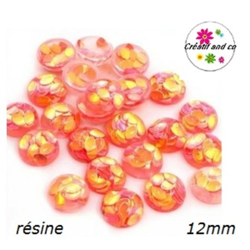 X2 cabochons dômes translucides orangé avec inclusion grain de riz résine 12mm