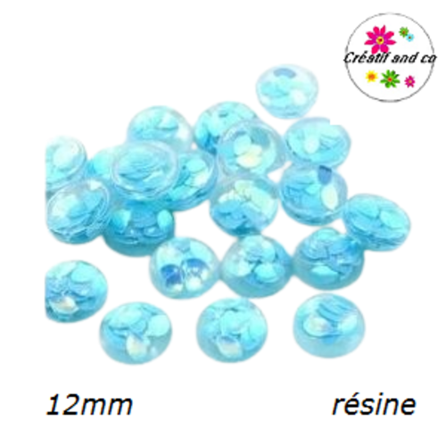 X2 cabochons translucides bleutés avec inclusion grain de riz résine 12mm