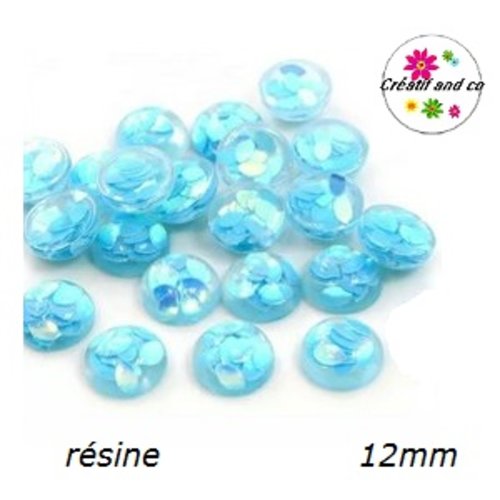 X2 cabochons dôme translucide bleuté avec inclusion grain de riz résine 12mm