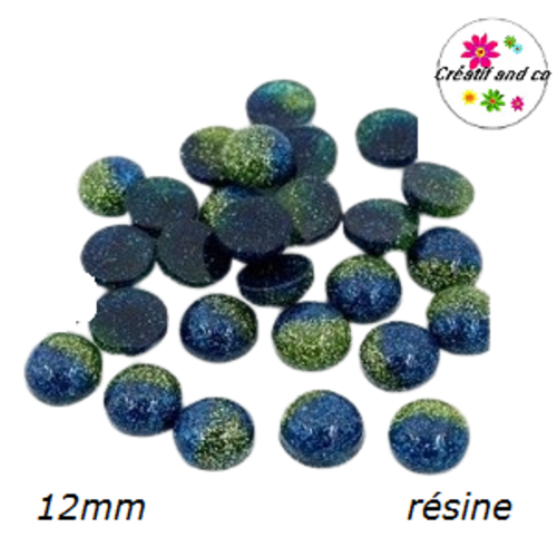 X2 cabochons bi-couleur bleu/vert paillette 12mm