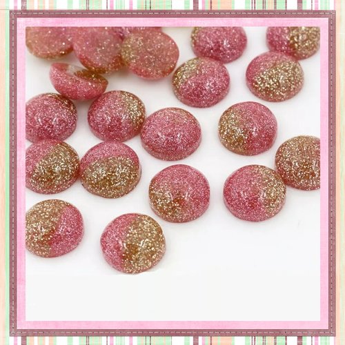 X2 cabochons dômes bi-couleur rose/or paillette 12mm