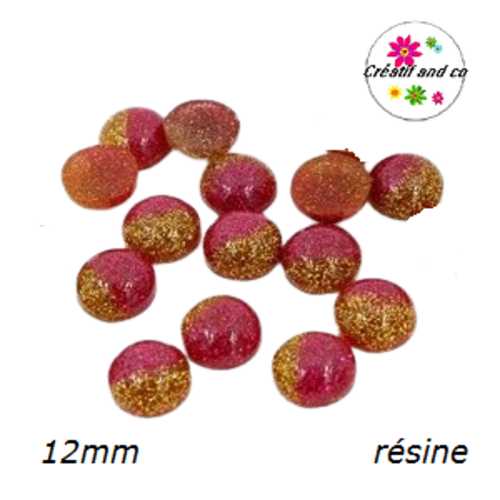 X2 cabochons bi-couleur fuschia/or paillette 12mm