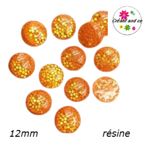 X2 cabochons dômes inclusion paillette orange 12mm
