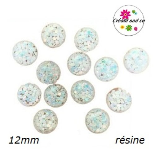 X2 cabochons dômes inclusion paillette blanche 12mm
