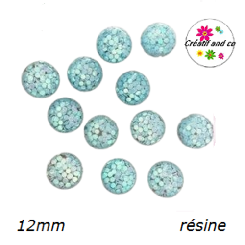 X2 cabochons dômes inclusion paillette bleu 12mm