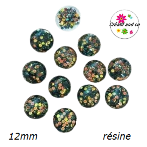 X2 cabochons dômes inclusion paillette noir 12mm