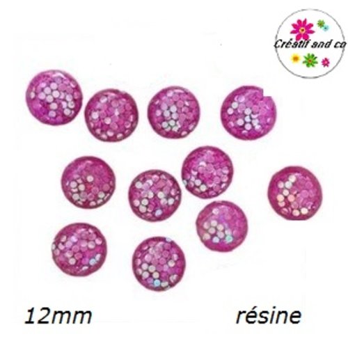 X2 cabochons dômes inclusion paillette rose violine 12mm