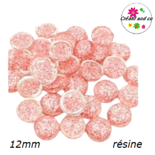 X2 cabochons translucides inclusion paillette rose résine 12mm