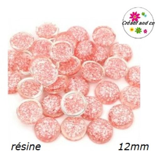 X2 cabochons dômes translucide inclusion paillette rose résine 12mm