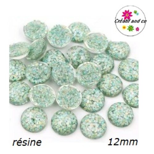 X2 cabochons dômes translucide inclusion paillette vert clair résine 12mm
