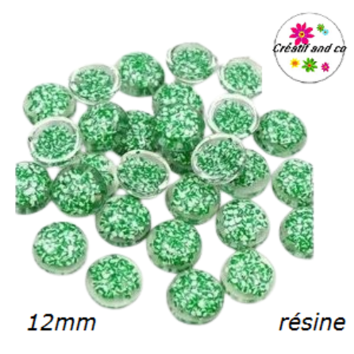 X2 cabochons translucides inclusion paillette verte résine 12mm