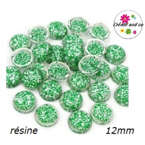 X2 cabochons dômes translucide inclusion paillette vert  résine 12mm