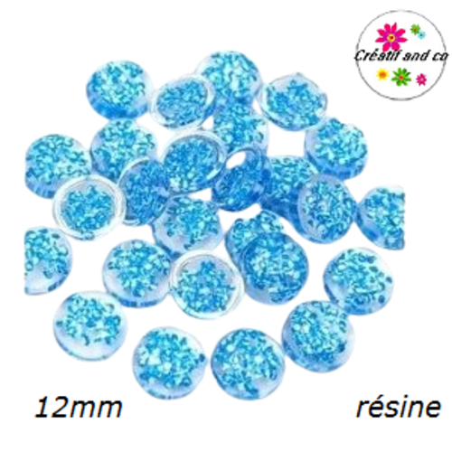 X2 cabochons translucides inclusion paillette bleue résine 12mm
