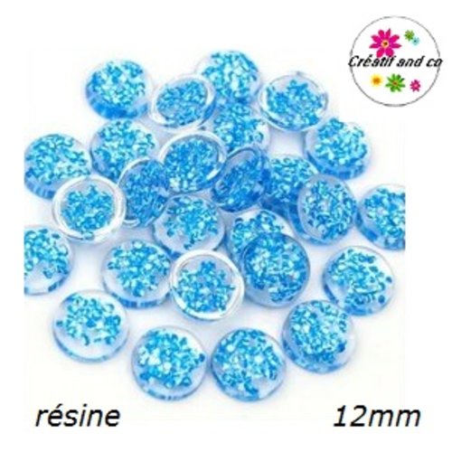 X2 cabochons dômes translucide inclusion paillette bleu  résine 12mm