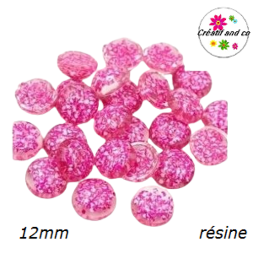 X2 cabochons translucides inclusion paillette fuchsia résine 12mm