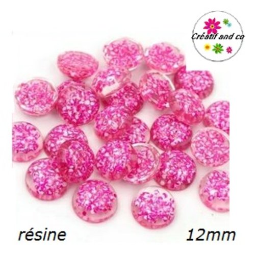 X2 cabochons dômes translucide inclusion paillette fuchsia résine 12mm