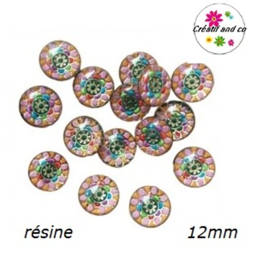 X2 cabochons motif fleur multicouleur résine 12mm