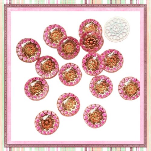 X2 cabochons motif fleur rose/orange et or résine 12mm