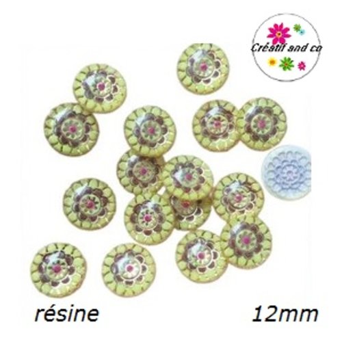X2 cabochons motif fleur jaune/or résine 12mm