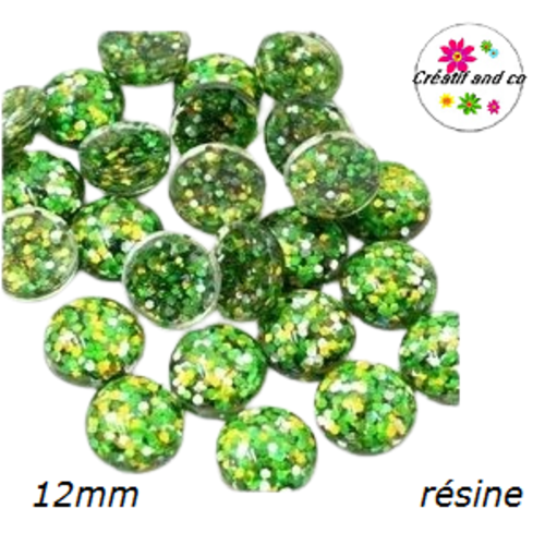X2 cabochons paillettes verts résine 12mm