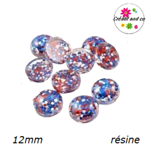 X2 cabochons paillettes bleu/rouge et argent résine 12mm