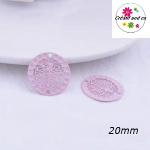 Connecteur estampe cercle motif feuille de montera rose 20mm