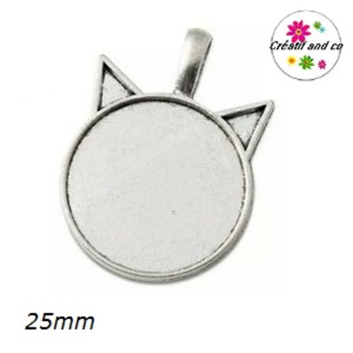 Pendentif argent tibétain tête de chat pour cabochon 25mm
