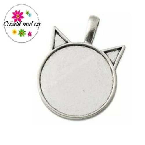 Pendentif argent tibétain tête de chat pour cabochon 25mm