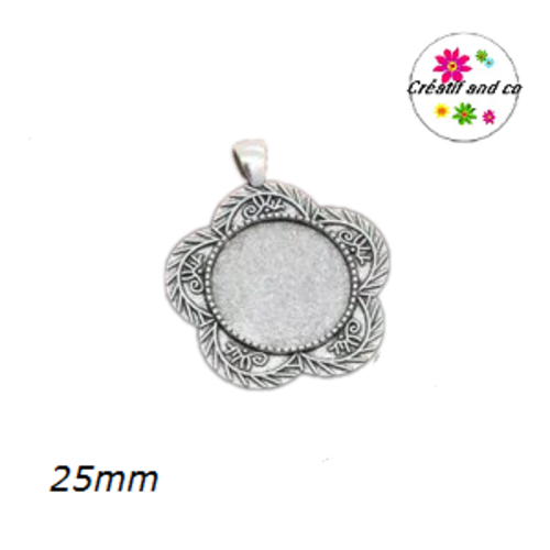 Pendentif argent tibétain forme fleur pour cabochon 25mm