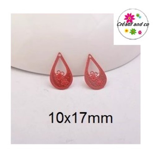 Breloque estampe goutte d'eau rouge avec motif fleur 17mm