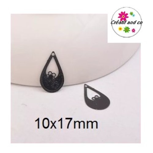 Breloque estampe goutte d'eau noire avec motif fleur 17mm