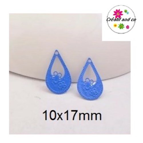 Breloque estampe goutte d'eau bleu roi avec motif fleur 17mm