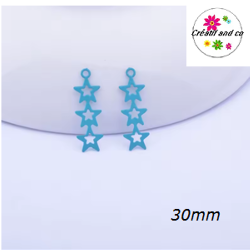 Breloque estampe trio d'étoile bleu canard 30mm