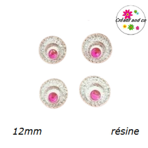 X2 cabochons argent au coeur fuschia 12mm