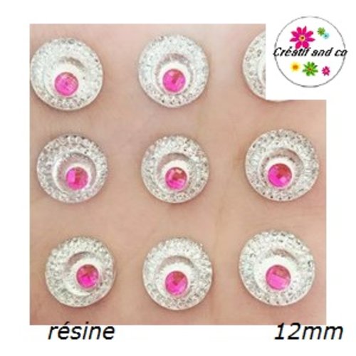 X2 cabochons résine argent/fuchsia  central 12mm