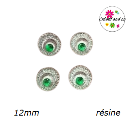 X2 cabochons argent au coeur vert 12mm