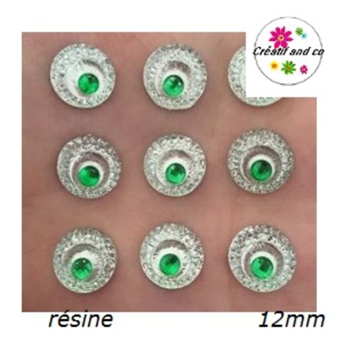 X2 cabochons résine argent/vert central 12mm