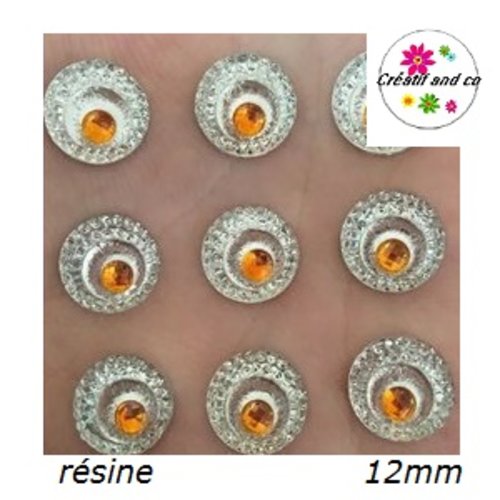 X2 cabochons résine argent/orange central 12mm