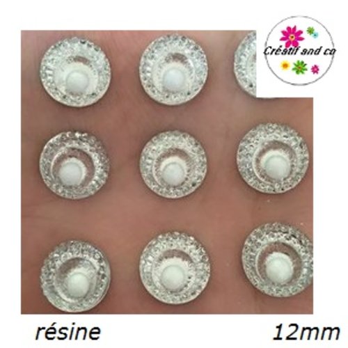 X2 cabochons résine argent/blanc central 12mm