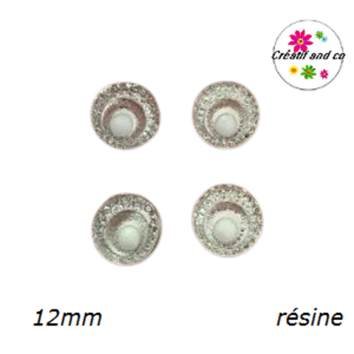 X2 cabochons argent au coeur blanc 12mm