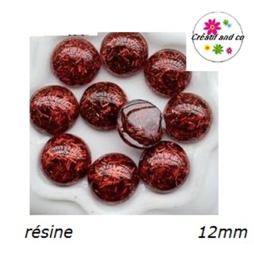 X2 cabochons dôme fil paillette rouge résine 12mm
