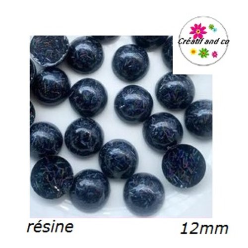 X2 cabochons dôme fil paillette gris résine 12mm