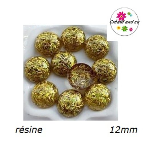 X2 cabochons dôme fil paillette or résine 12mm