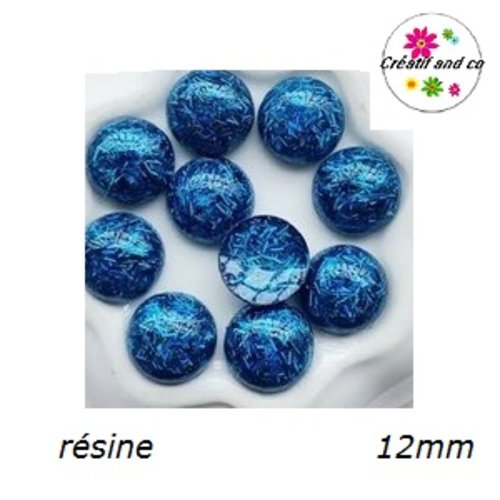 X2 cabochons dôme fil paillette turquoise résine 12mm