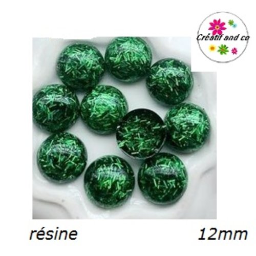 X2 cabochons dôme fil paillette vert résine 12mm