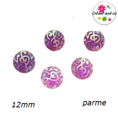 X2 cabochons motif note de musique parme résine 12mm