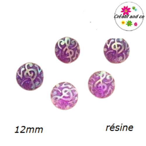 X2 cabochons motif note de musique parme résine 12mm