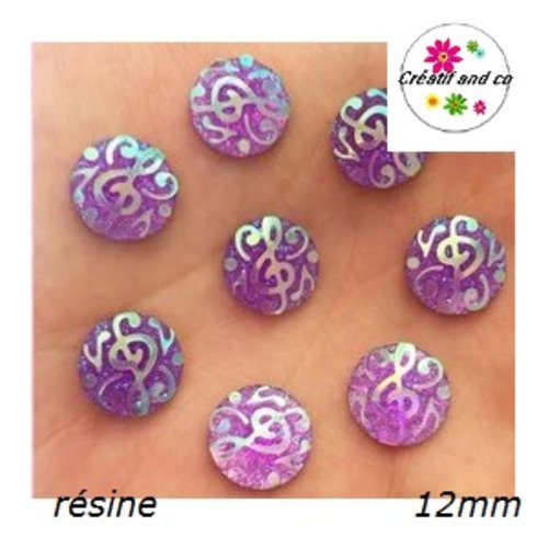 X2 cabochons note de musique  parme résine 12mm