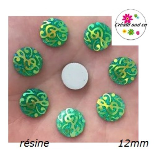 X2 cabochons note de musique vert  résine 12mm